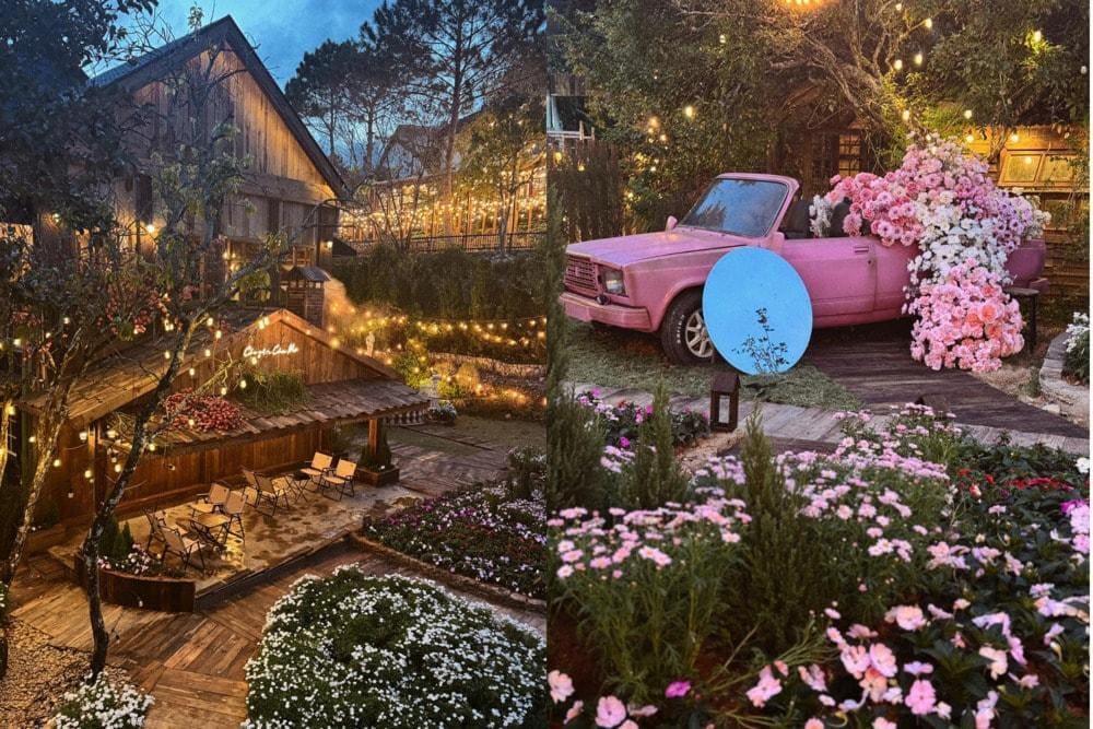 Xung quanh quán được trang trí trí nhiều hoa tươi và tiểu cảnh bắt mắt (Nguồn: Fanpage Chuyện Của Mơ)